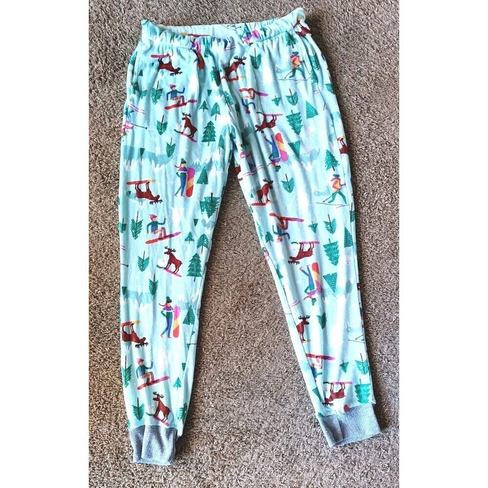 Dearfoams Pajama Jogger Pants Size Small Green Winterland Plush Pockets Cozy